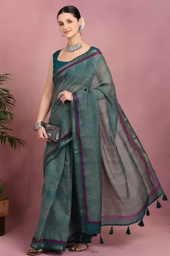 women's geometric print cotton blend saree -teal