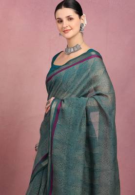 women's geometric print cotton blend saree -teal 4