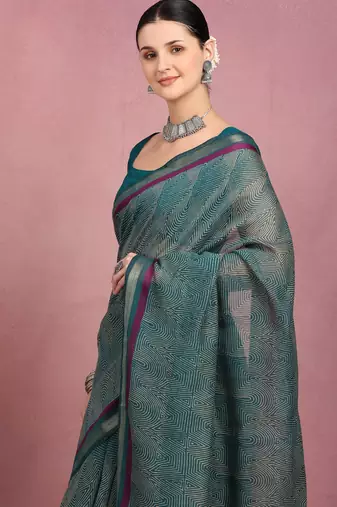 women's geometric print cotton blend saree -teal