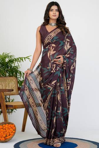 women's floral print chiffon saree -wine