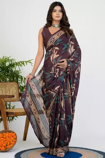 women's floral print chiffon saree -wine