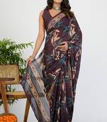 women's floral print chiffon saree -wine