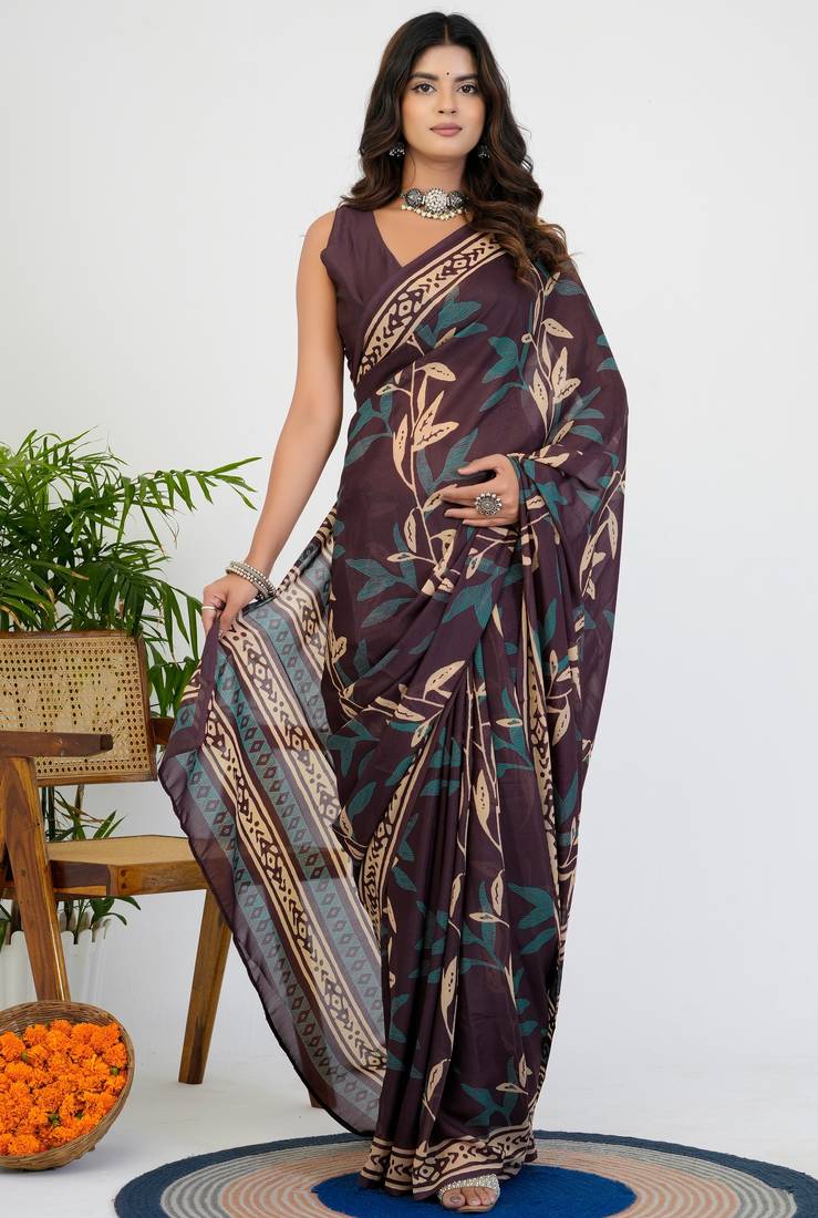 women's floral print chiffon saree -wine