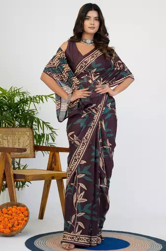 women's floral print chiffon saree -wine