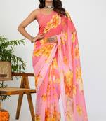 women's floral print georgette saree -peach