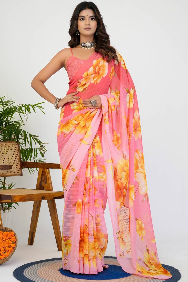 women's floral print georgette saree -peach