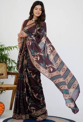 women's floral print chiffon saree -wine 3