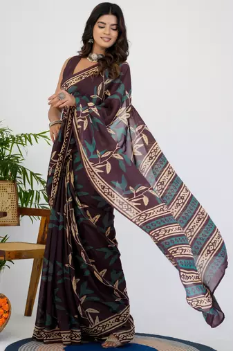 women's floral print chiffon saree -wine