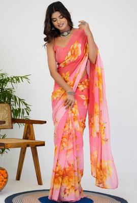 women's floral print georgette saree -peach 2