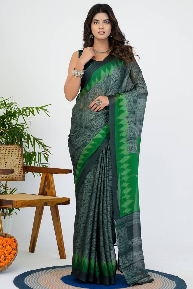 women's geometric print chiffon saree -grey