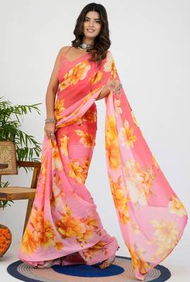 women's floral print georgette saree -peach 3