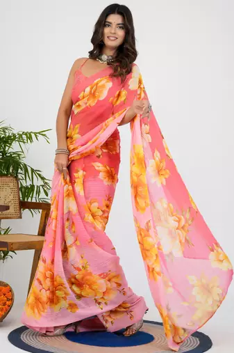 women's floral print georgette saree -peach