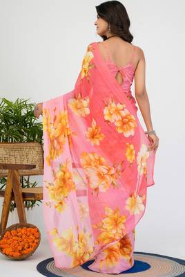 women's floral print georgette saree -peach 4