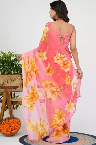 women's floral print georgette saree -peach