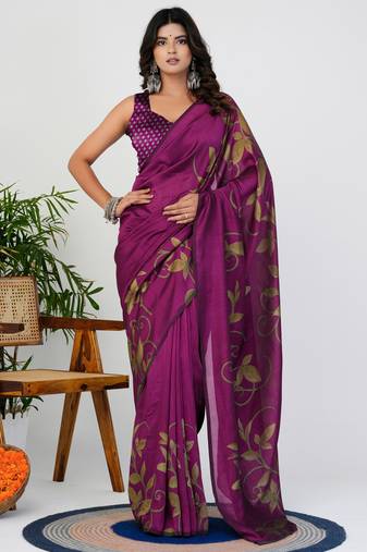 women's floral print silk blend saree -magenta