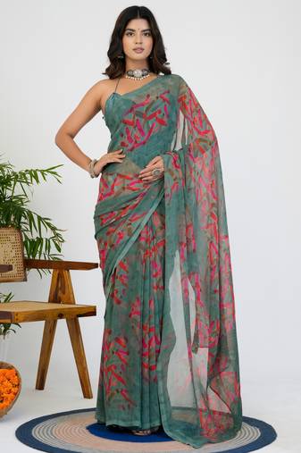 women's geometric print georgette saree -grey