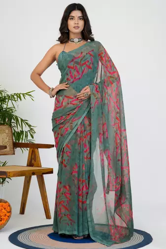 women's geometric print georgette saree -grey