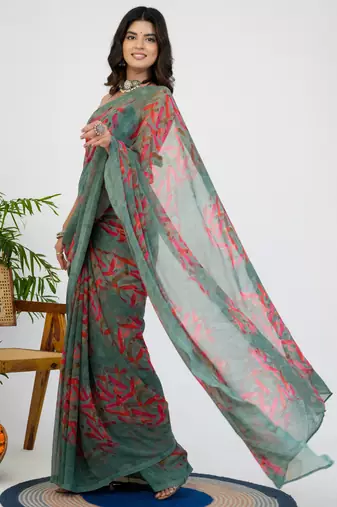 women's geometric print georgette saree -grey
