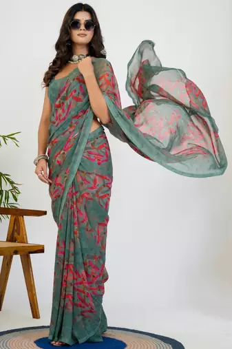 women's geometric print georgette saree -grey