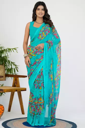 women's geometric print georgette saree -turquoise