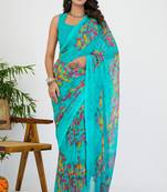 women's geometric print georgette saree -turquoise