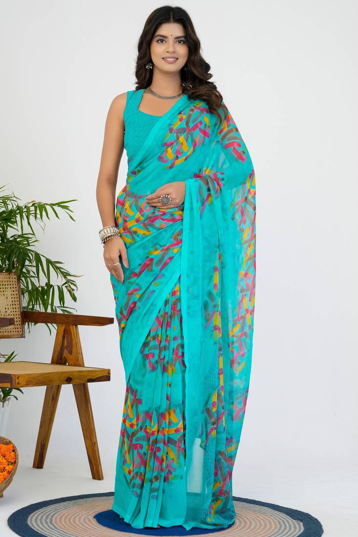women's geometric print georgette saree -turquoise