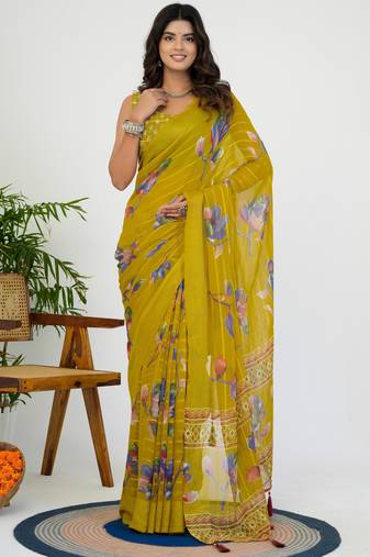 women's floral print georgette saree -yellow