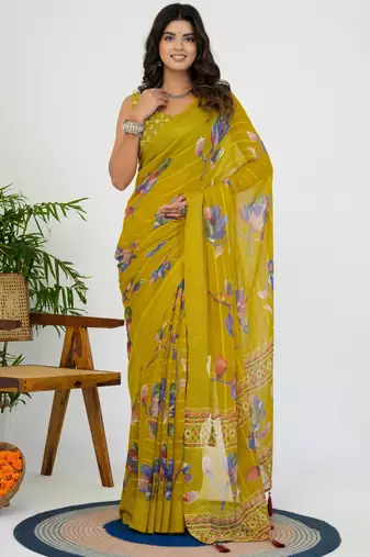 women's floral print georgette saree -yellow
