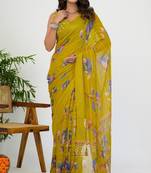 women's floral print georgette saree -yellow