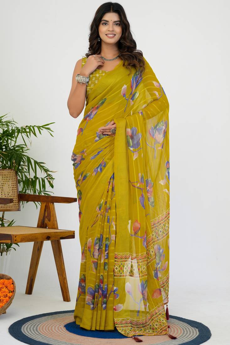women's floral print georgette saree -yellow