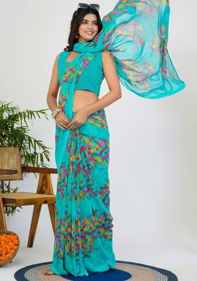 women's geometric print georgette saree -turquoise 2