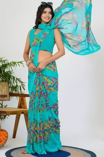 women's geometric print georgette saree -turquoise