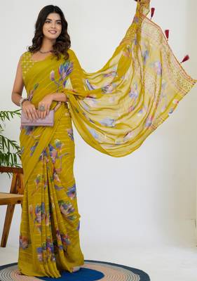 women's floral print georgette saree -yellow 3