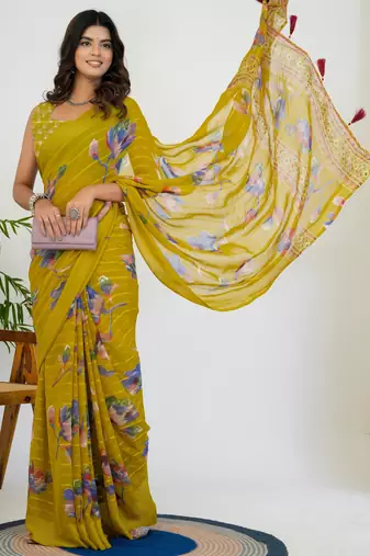 women's floral print georgette saree -yellow