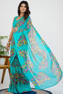 women's geometric print georgette saree -turquoise 3