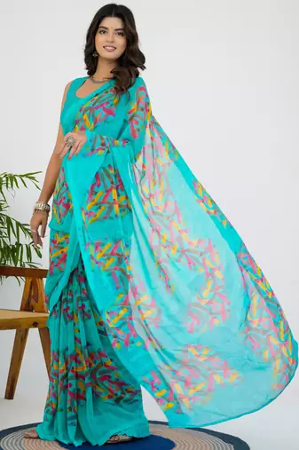 women's geometric print georgette saree -turquoise