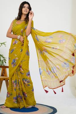 women's floral print georgette saree -yellow 4