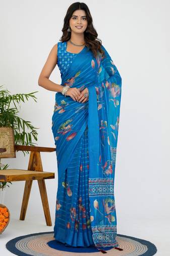 women's floral print georgette saree -blue