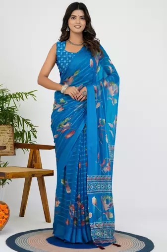 women's floral print georgette saree -blue