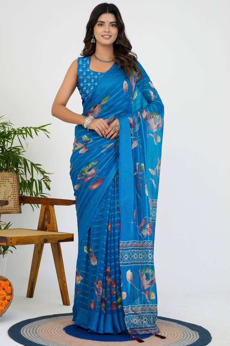 women's floral print georgette saree -blue