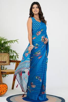 women's floral print georgette saree -blue 2