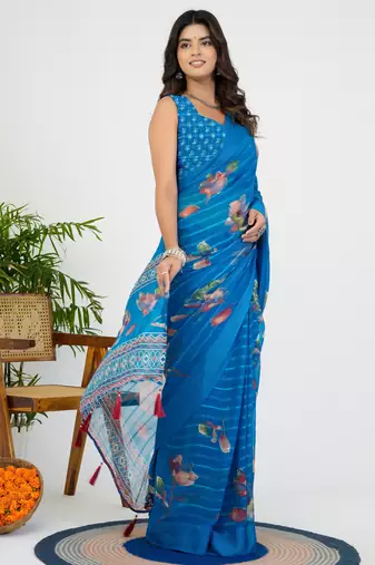 women's floral print georgette saree -blue