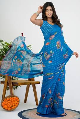women's floral print georgette saree -blue 3