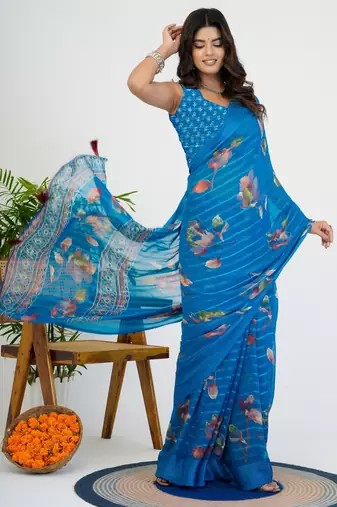 women's floral print georgette saree -blue