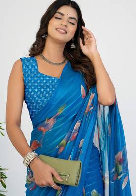 women's floral print georgette saree -blue 4