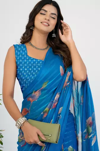 women's floral print georgette saree -blue
