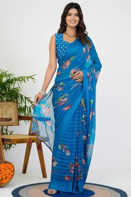 women's floral print georgette saree -blue 5