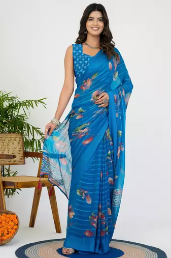 women's floral print georgette saree -blue