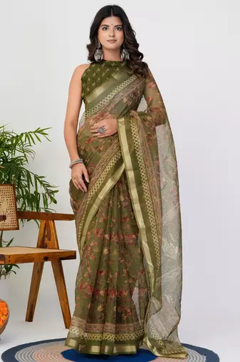 women's floral print kota doria saree -green