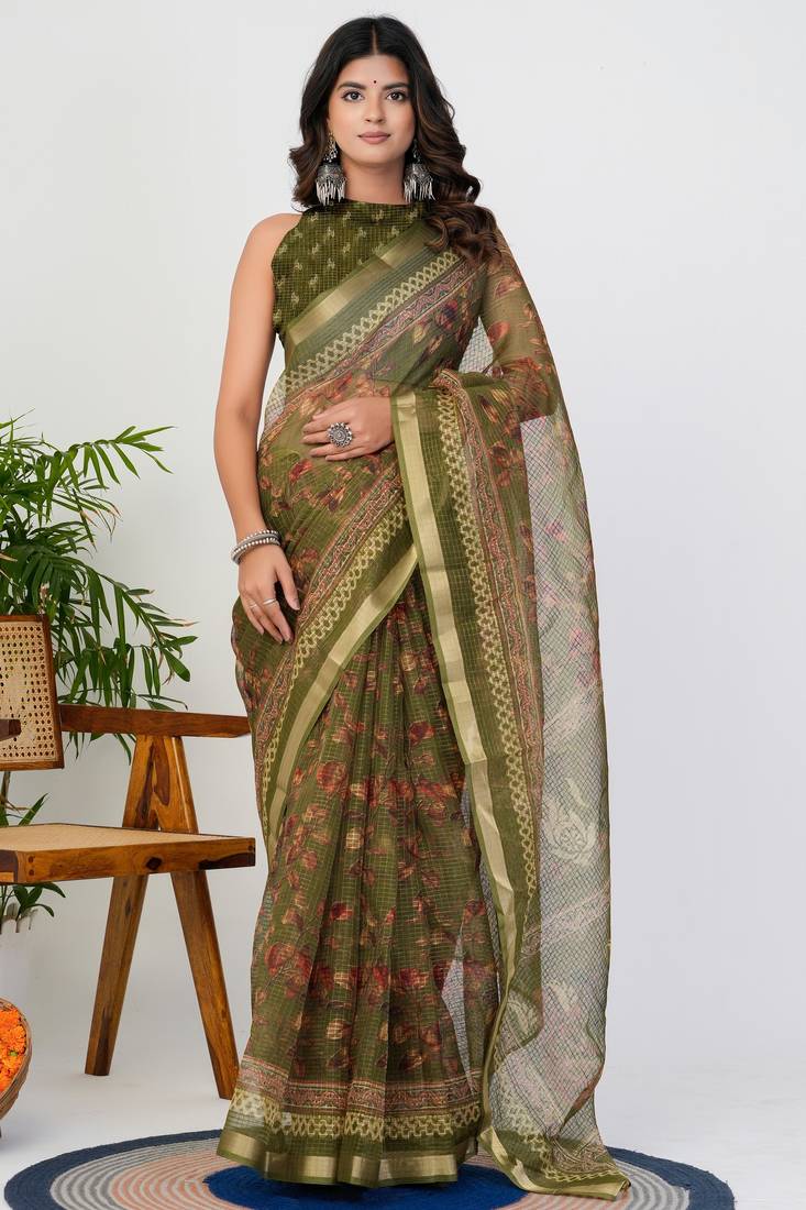 women's floral print kota doria saree -green